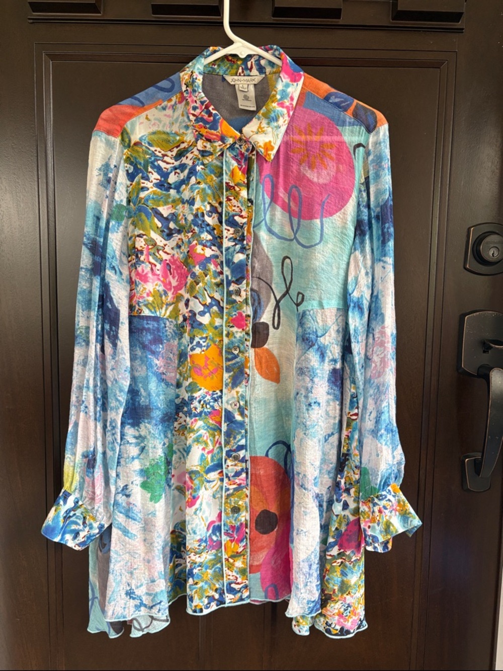 EUC John Mark Button Front Multi Pattern Tunic Top